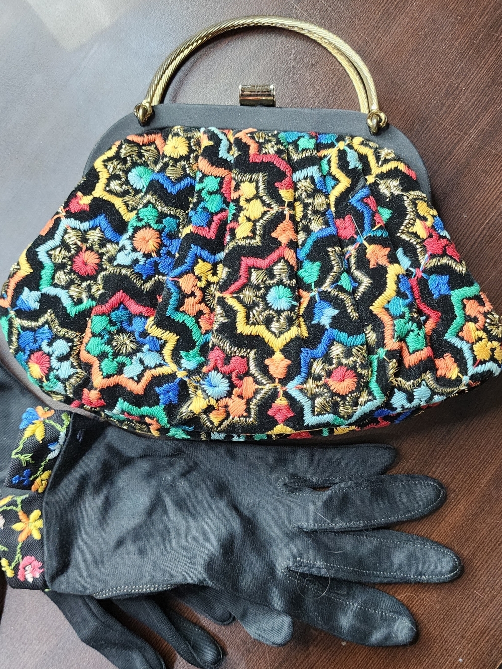 Vintage GARAY 80s Embroidered Evening Bag Matching Gloves Black Floral Beaded - Picture 13 of 13